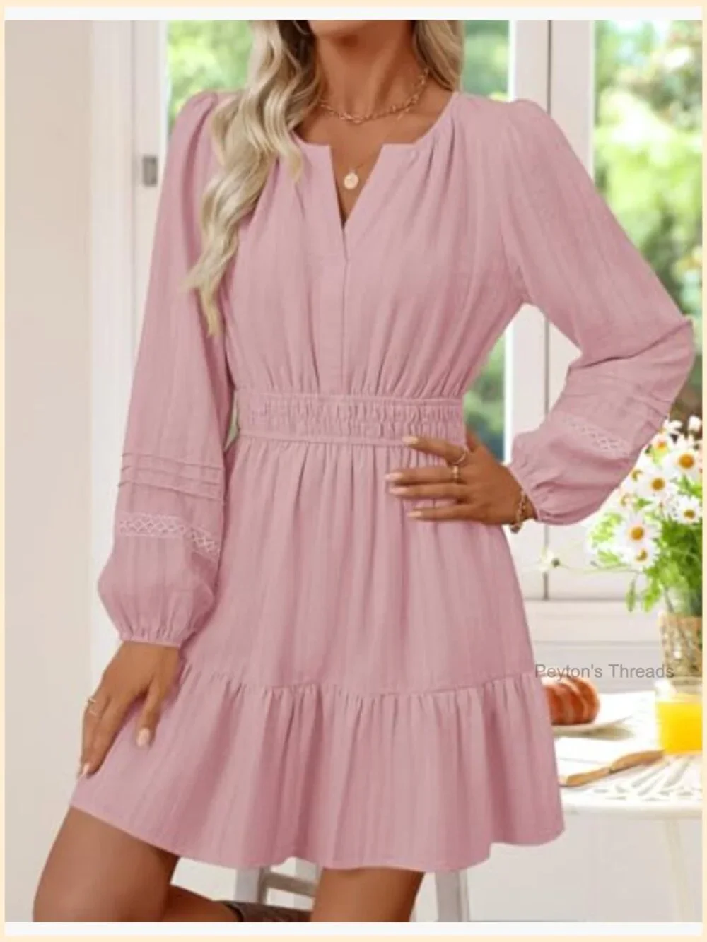 Long Sleeve V Neck Mini Dress Ruffle Pleated A Line Party Dress - Picture 4 of 7